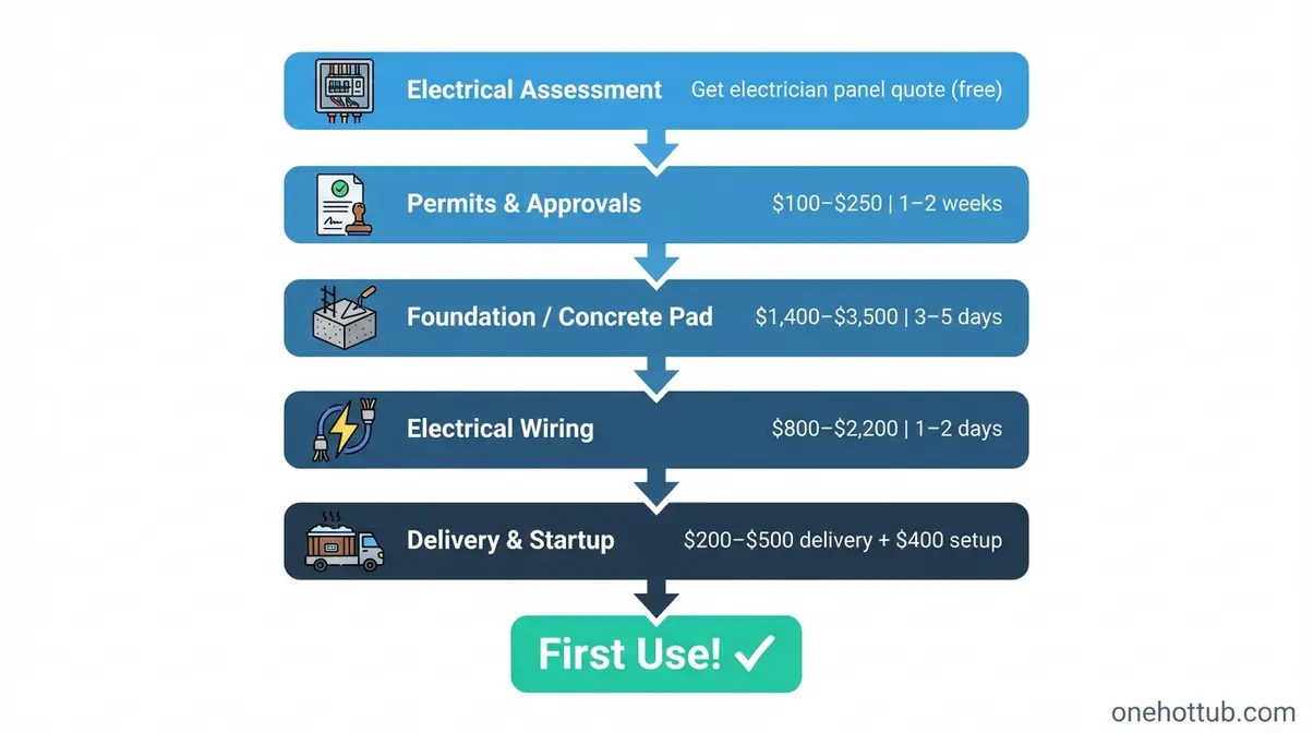 Hot tub site preparation flowchart showing permits concrete pad electrical delivery and startup steps in sequence