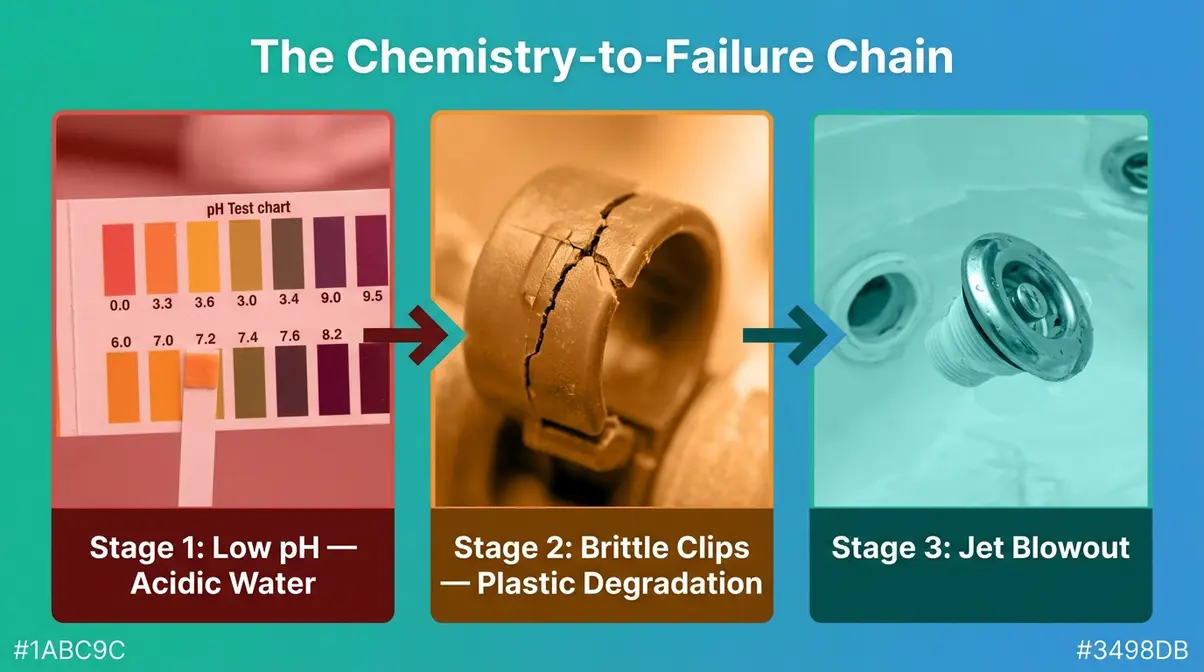 Hot Tub Jet Blowing Out? Fix It Yourself in 30 Min 8 Three-stage diagram showing the chemistry-to-failure chain from low pH to brittle clips to hot tub jet blowout