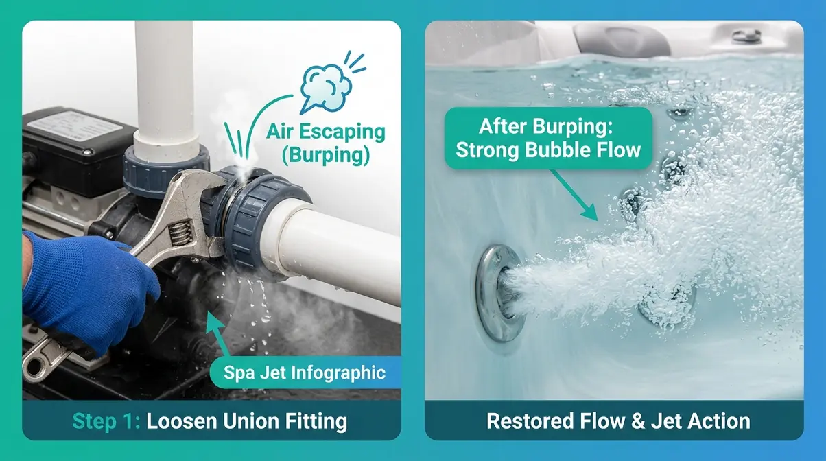 Hot Tub Jet Blowing Out? Fix It Yourself in 30 Min 7 Split image showing union fitting loosened to release air lock on left and bubbling hot tub jet restored on right