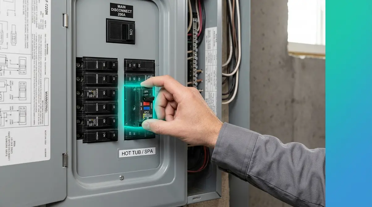 Hot Tub Jet Blowing Out? Fix It Yourself in 30 Min 1 Hand switching GFCI breaker to off position on residential electrical panel before hot tub jet repair