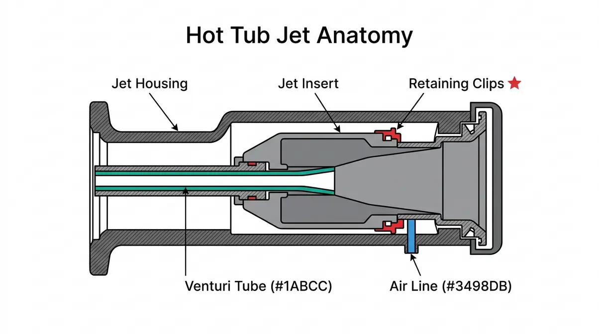 Hot Tub Jet Blowing Out? Fix It Yourself in 30 Min 6 Labeled cross-section diagram of a hot tub jet showing housing, insert, venturi tube, retaining clips, and air line