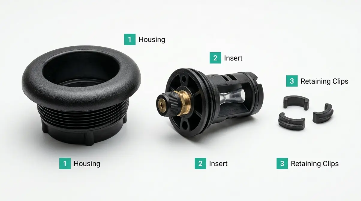 Hot Tub Jet Blowing Out? Fix It Yourself in 30 Min 5 Disassembled hot tub jet components laid out showing housing, insert, and retaining clips in exploded view