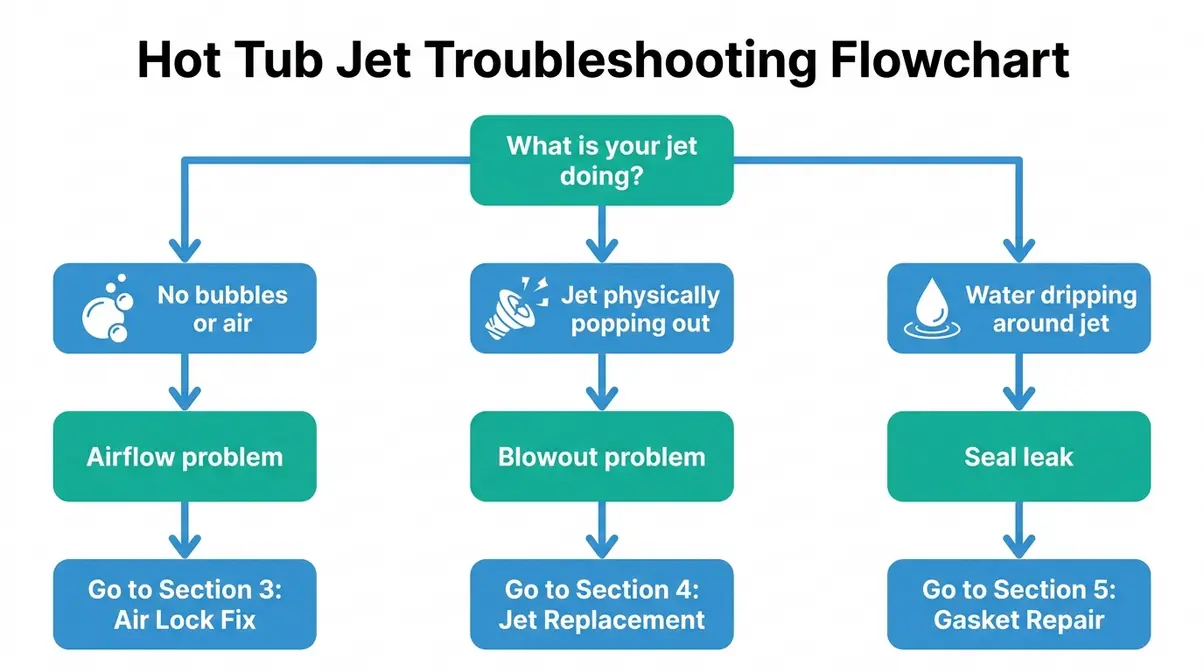 Hot Tub Jet Blowing Out? Fix It Yourself in 30 Min 4 Hot tub jet troubleshooting flowchart with diagnostic paths for no bubbles, jet blowout, and leaking seal