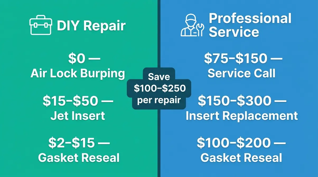 Hot Tub Jet Blowing Out? Fix It Yourself in 30 Min 9 Split graphic comparing DIY hot tub jet repair costs of $15 to $50 versus professional service costs of $150 to $300