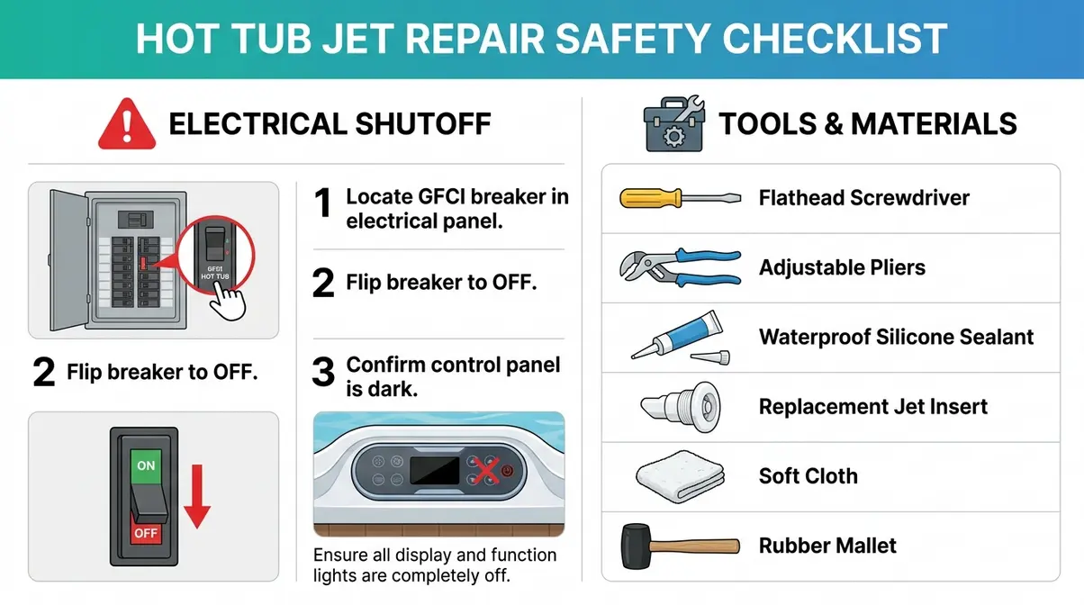 Hot Tub Jet Blowing Out? Fix It Yourself in 30 Min 2 Safety checklist infographic showing GFCI breaker shutoff steps and required tools for hot tub jet repair