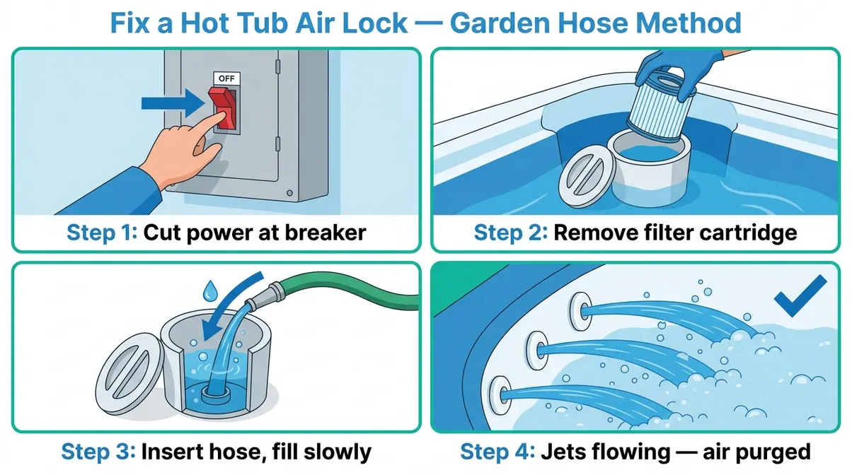 Hot Tub Jets Not Working? Fix It in 30 Minutes (2026) 4 Step-by-step diagram showing garden hose inserted into hot tub filter housing to fix air lock