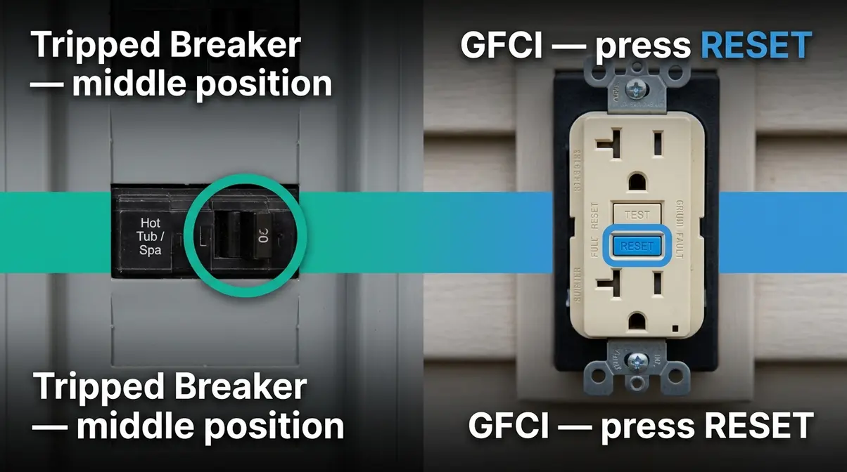 Hot Tub Jets Not Working? Fix It in 30 Minutes (2026) 5 Hot tub circuit breaker in tripped position and GFCI outlet with TEST and RESET buttons visible