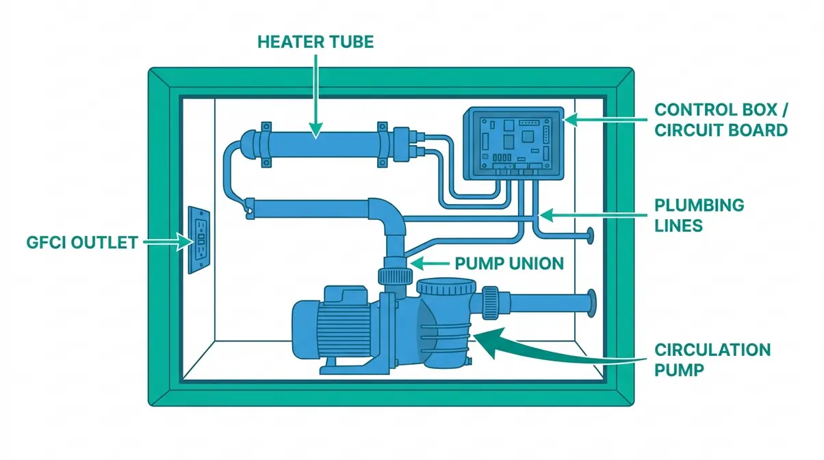 Hot Tub Jets Not Working? Fix It in 30 Minutes (2026) 2 Annotated diagram of hot tub equipment bay showing pump, heater, control box, and unions