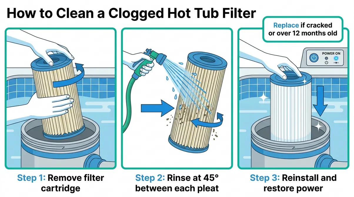 Hot Tub Jets Not Working? Fix It in 30 Minutes (2026) 6 Step-by-step diagram showing hot tub filter removal and 45-degree rinsing technique