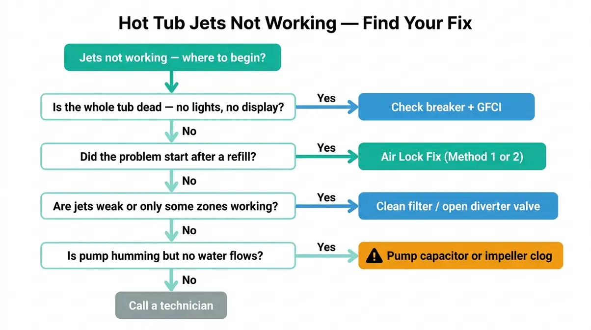 Hot Tub Jets Not Working? Fix It in 30 Minutes (2026) 3 Troubleshooting flowchart for hot tub jets not working showing yes/no decision path to cause