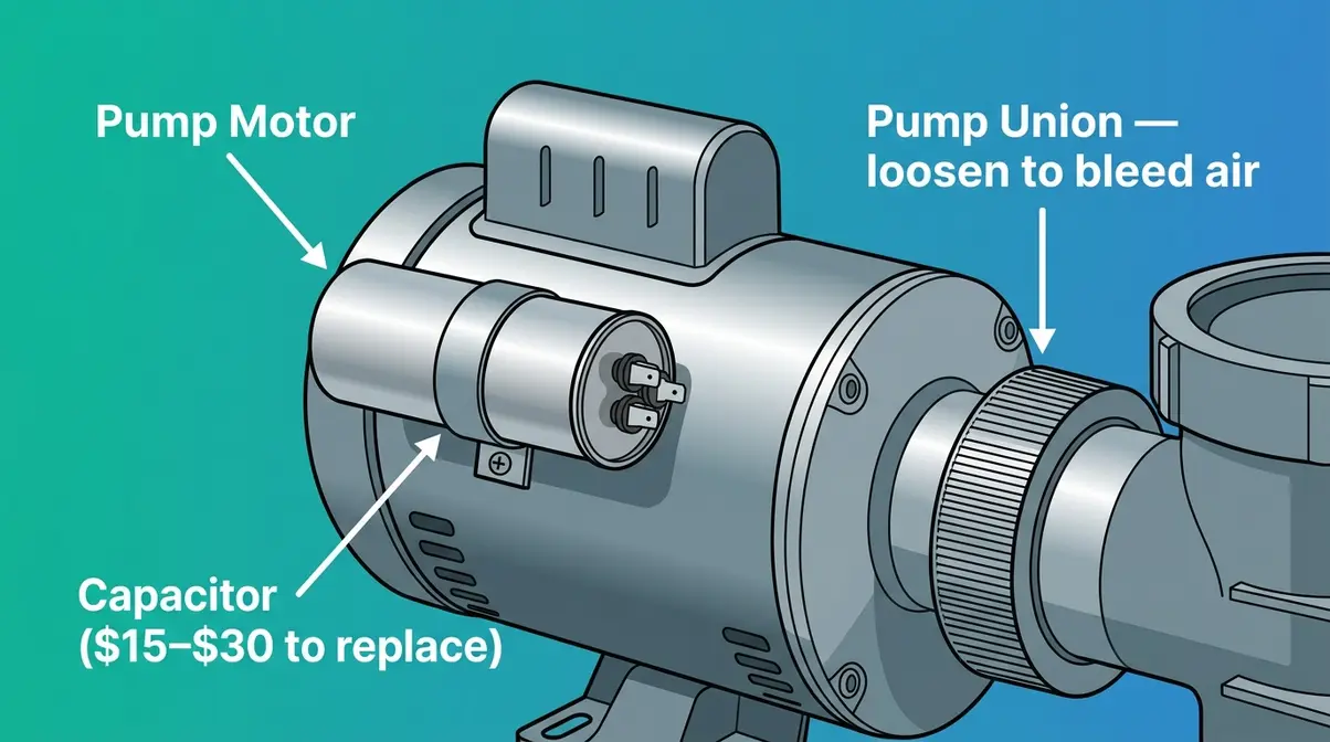 Hot Tub Jets Not Working? Fix It in 30 Minutes (2026) 7 Hot tub pump motor diagram with capacitor and pump union labeled for troubleshooting