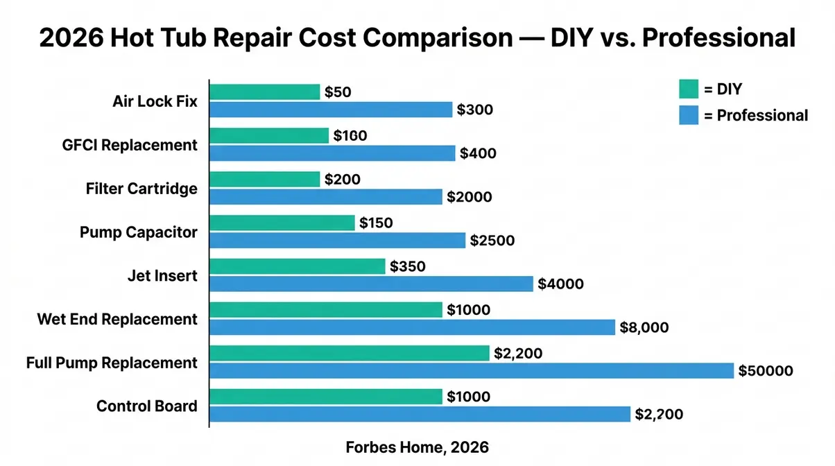 Hot Tub Jets Not Working? Fix It in 30 Minutes (2026) 8 Bar chart comparing DIY versus professional hot tub repair costs for common jet fixes in 2026