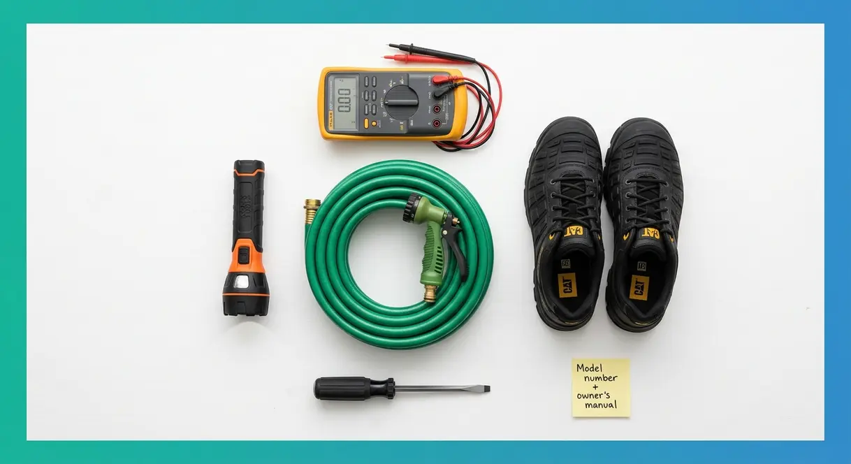 Hot Tub Jets Not Working? Fix It in 30 Minutes (2026) 1 Hot tub repair tools flat-lay showing screwdriver, garden hose, flashlight, and multimeter