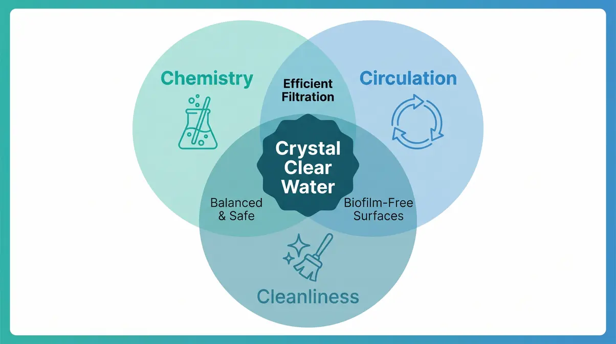 Hot tub maintenance 3C framework diagram showing chemistry circulation and cleanliness pillars