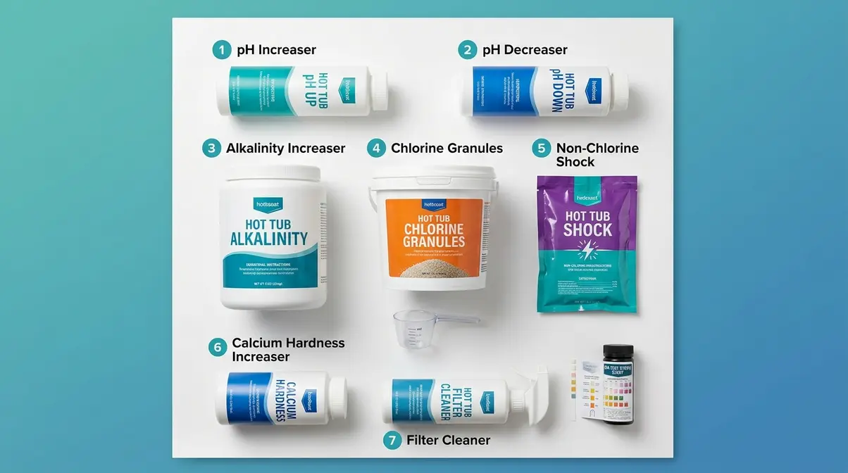Essential hot tub chemicals maintenance kit showing seven chemical products arranged for beginners