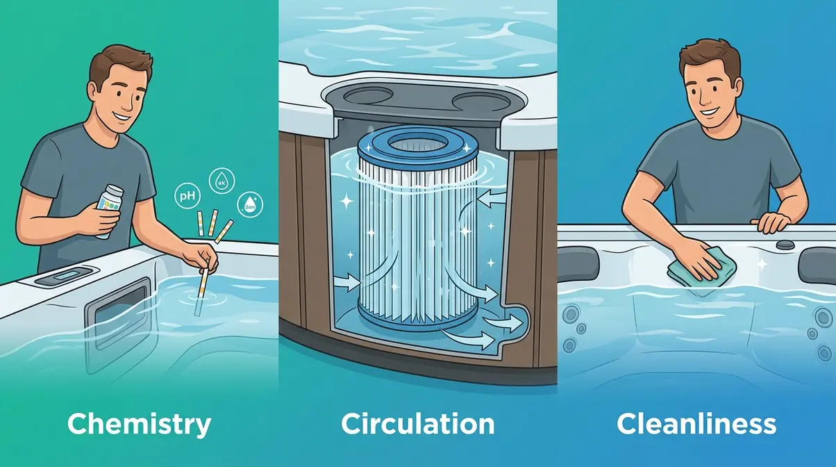 Hot tub maintenance fundamentals showing water testing filter cleaning and waterline wiping for beginners