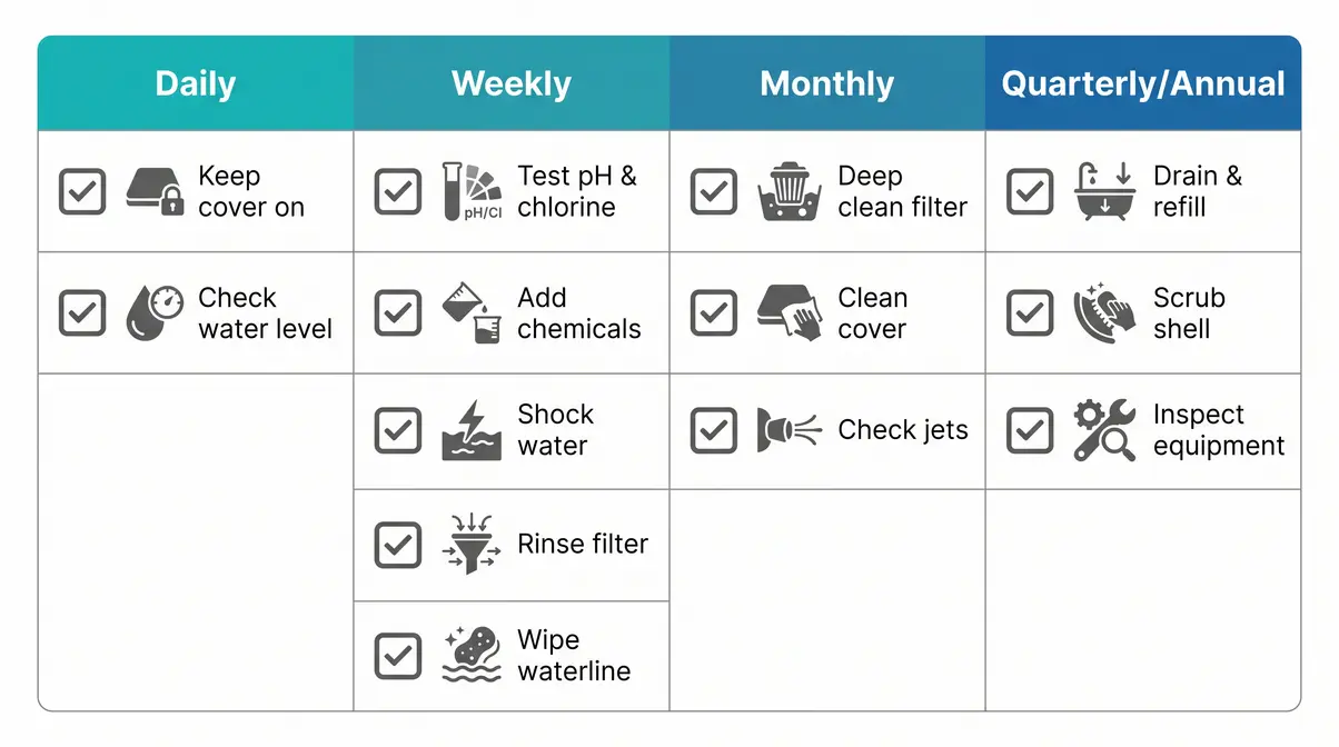 Printable hot tub maintenance schedule checklist for beginners showing daily weekly monthly and quarterly tasks