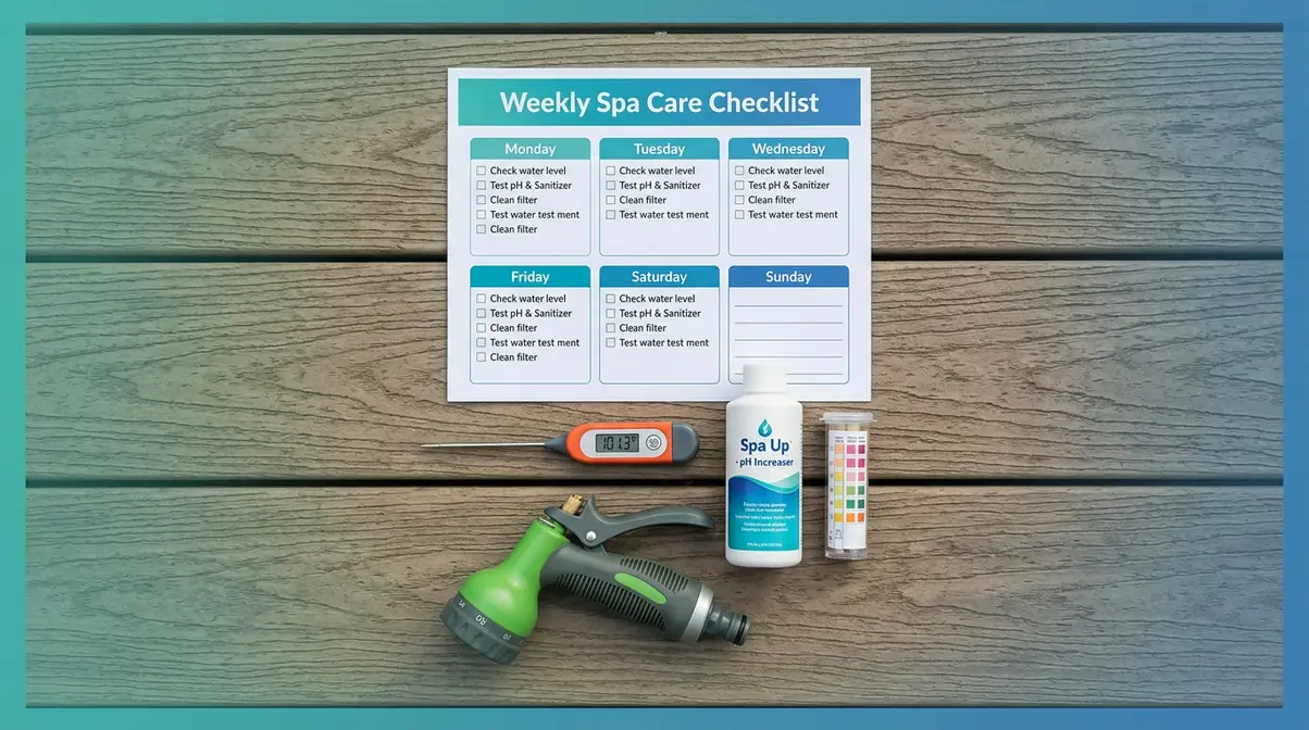 Hot tub maintenance schedule overview with weekly planner test strips and chemical supplies on wood deck