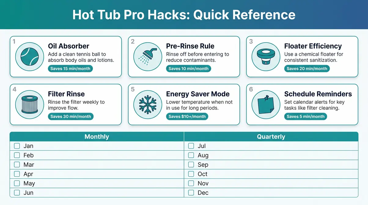 Hot tub maintenance cheat sheet with pro hacks and monthly tracker for beginners