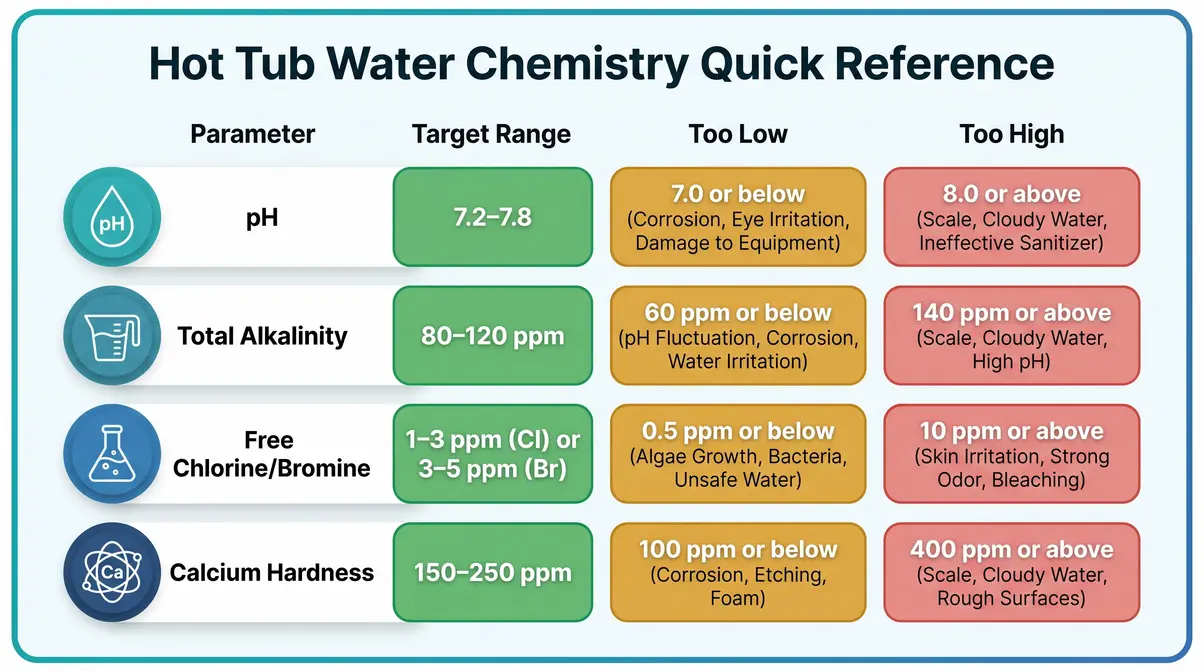 Hot tub maintenance water chemistry chart showing target ranges for pH alkalinity chlorine and calcium hardness