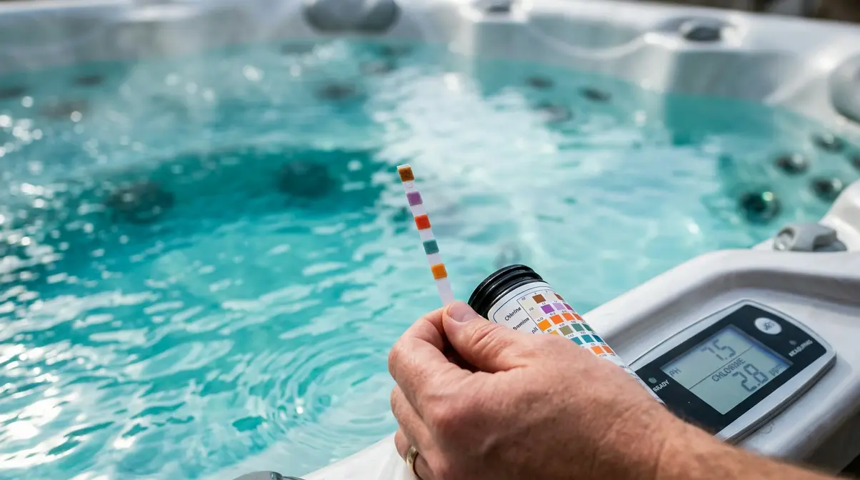 Hot tub water chemistry testing with test strip held over crystal clear spa water
