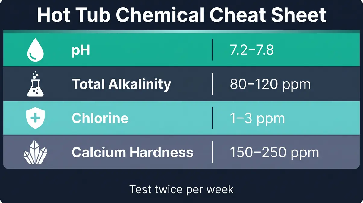 Hot tub chemical balancing cheat sheet showing pH, alkalinity, chlorine, and calcium hardness target ranges