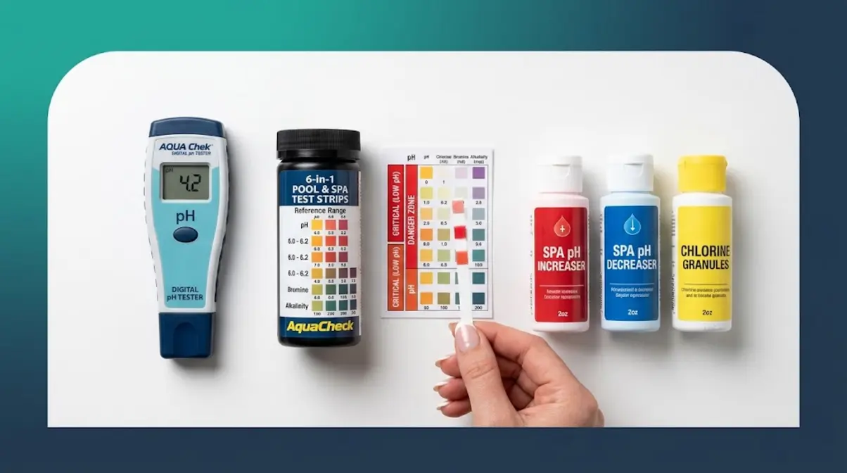 Hot tub chemical testing kit showing pH tester, test strips, and sanitizer bottles on clean surface