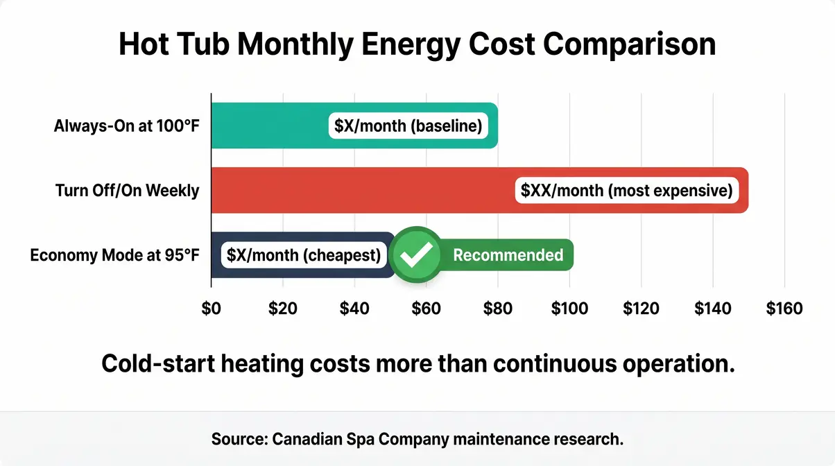 Hot tub energy cost comparison bar chart showing always-on versus economy mode versus weekly shutdown costs