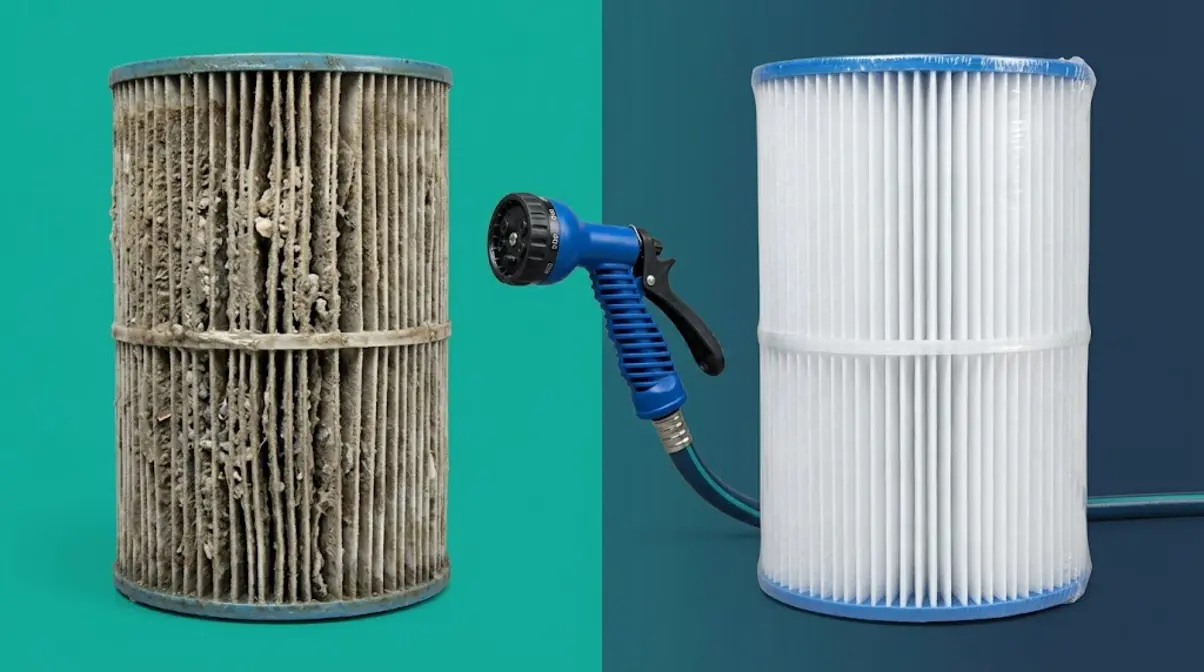 Hot tub filter cartridge comparison showing dirty clogged filter beside clean replacement cartridge