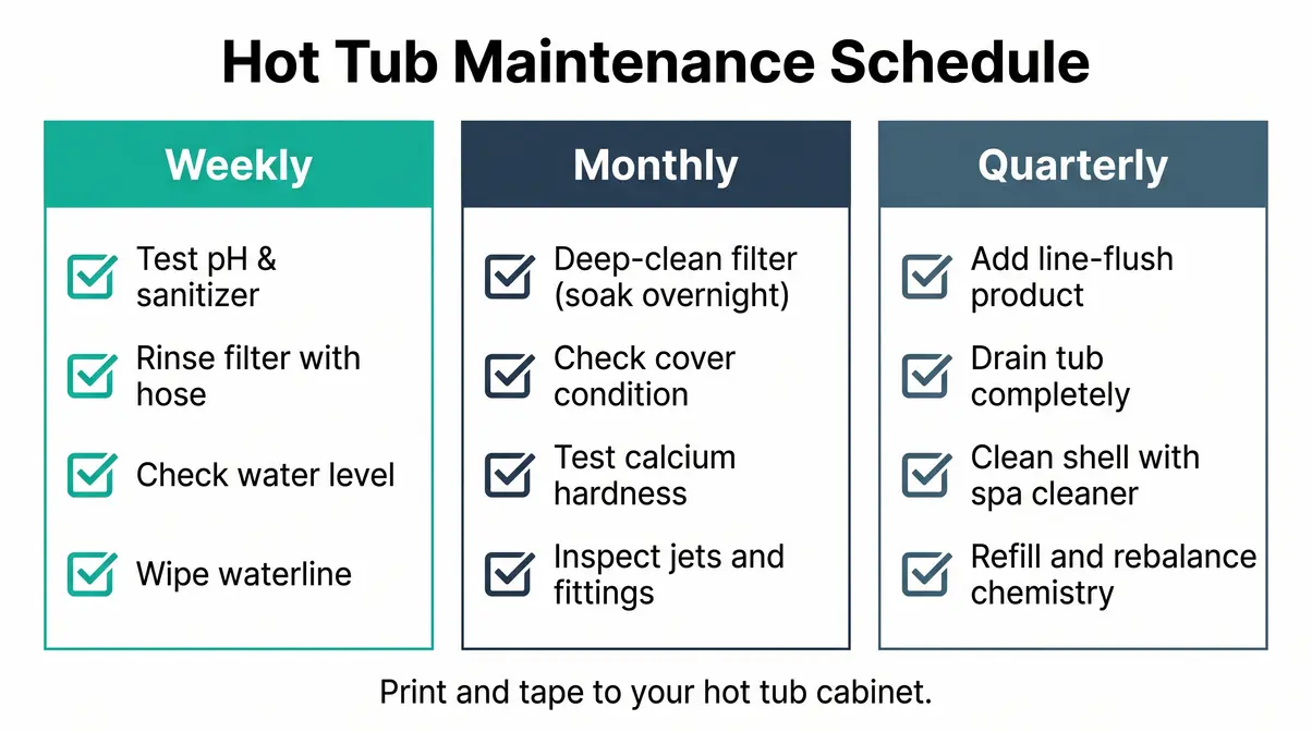 Hot tub maintenance schedule checklist showing weekly, monthly, and quarterly care tasks