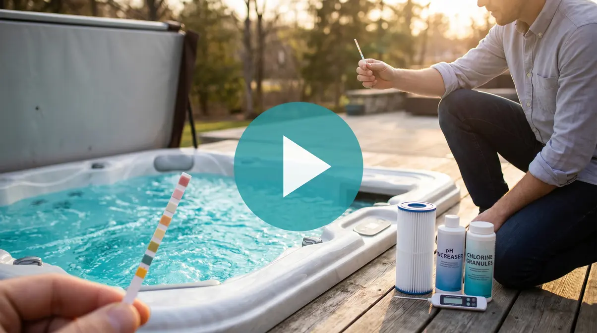 Hot tub maintenance video thumbnail showing water testing and filter cleaning step-by-step walkthrough