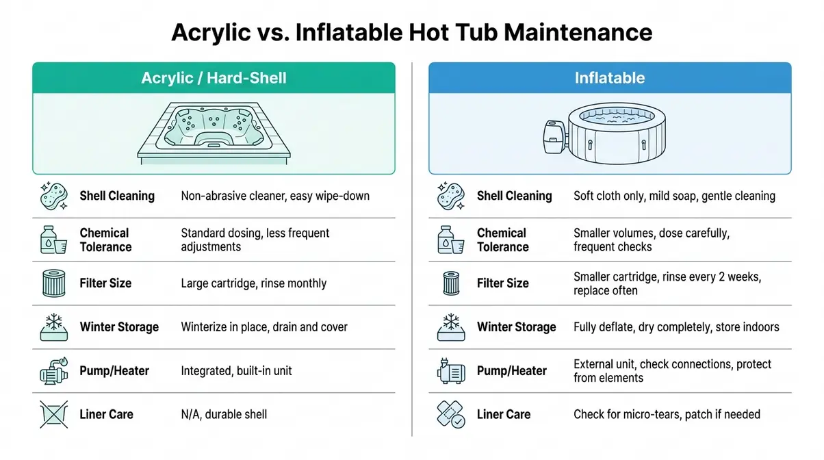 Hot Tub Maintenance Tips: Complete Beginner's Guide 4 Acrylic vs inflatable hot tub maintenance comparison chart showing key differences