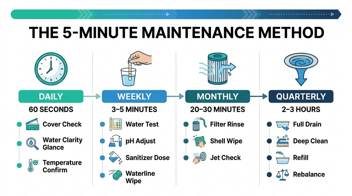 Hot Tub Maintenance Tips: Complete Beginner's Guide 2 Hot tub maintenance tips overview showing daily weekly monthly and quarterly routine tasks