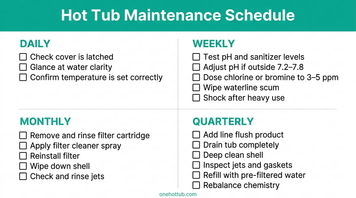 Hot Tub Maintenance Tips: Complete Beginner's Guide 5 Printable hot tub maintenance schedule checklist for beginners with daily weekly monthly tasks