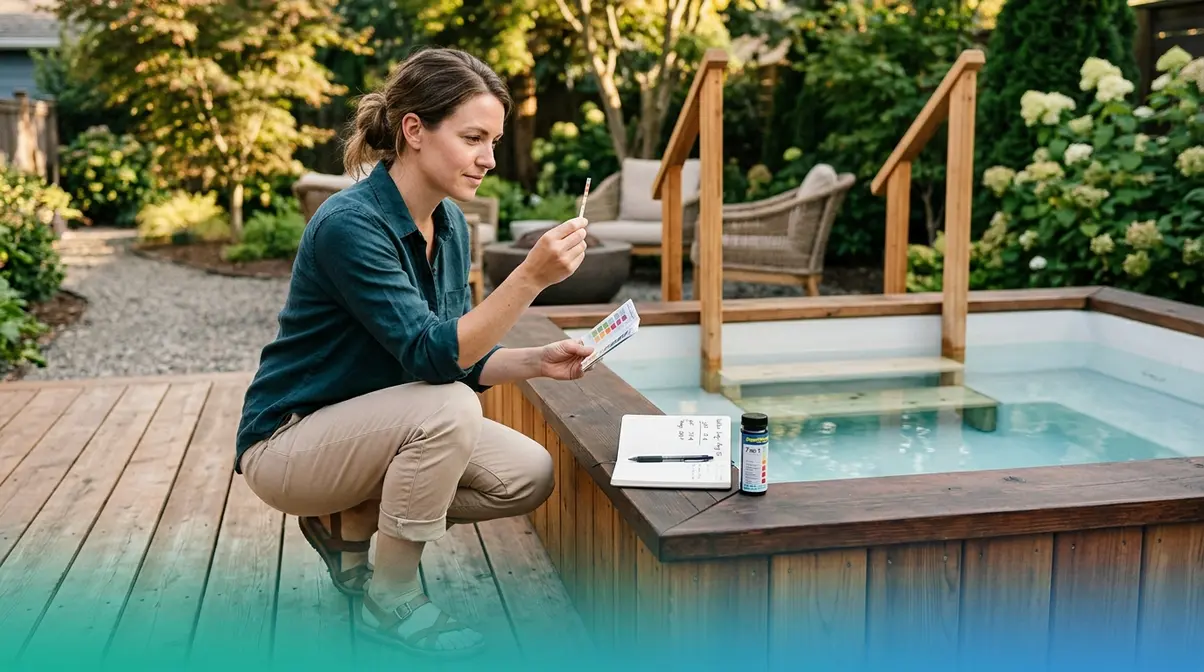 Hot Tub Maintenance Tips: Complete Beginner's Guide 1 Hot tub owner testing water with test strip following a weekly maintenance schedule routine