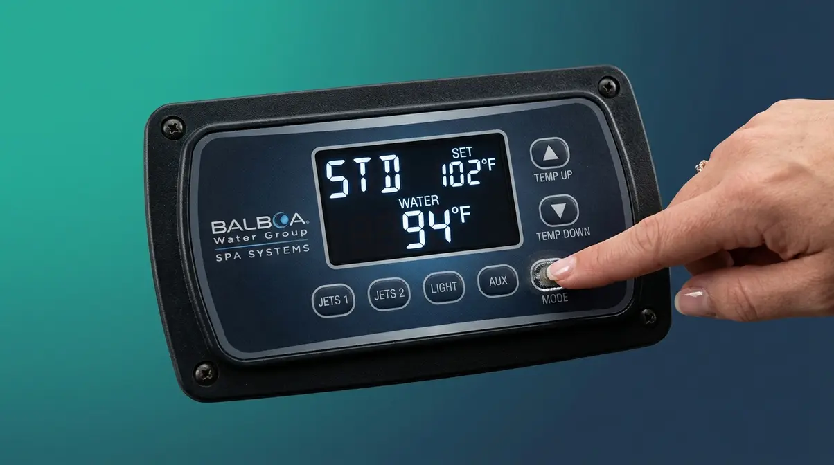 Hot tub control panel showing Standard Mode setting with temperature display at 94°F and set point at 102°F
