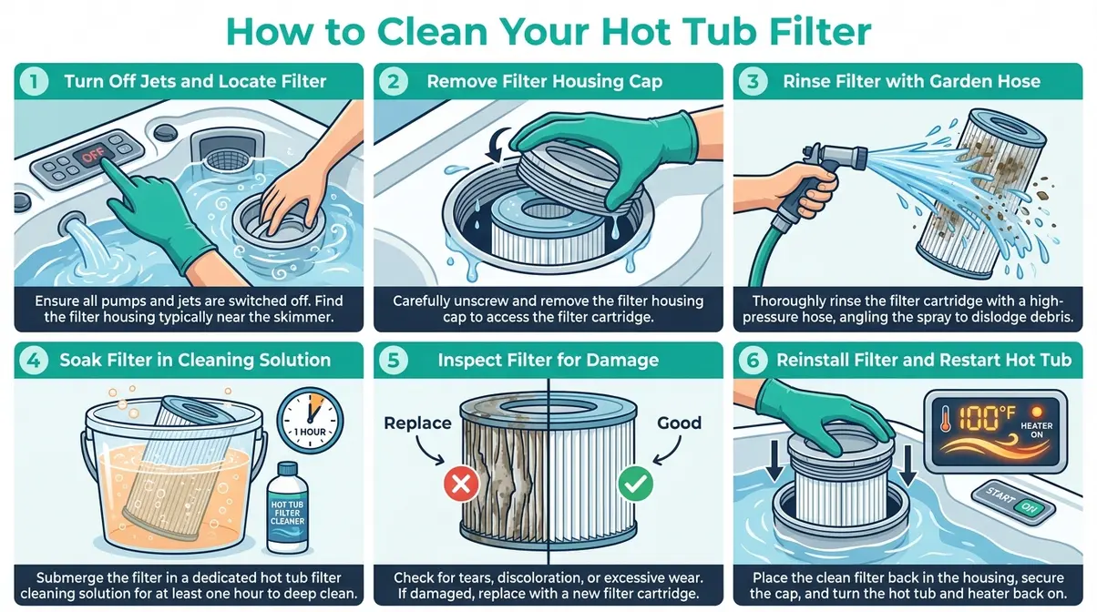 Six-step infographic showing how to clean a hot tub filter cartridge including rinsing pleats at a 45-degree angle