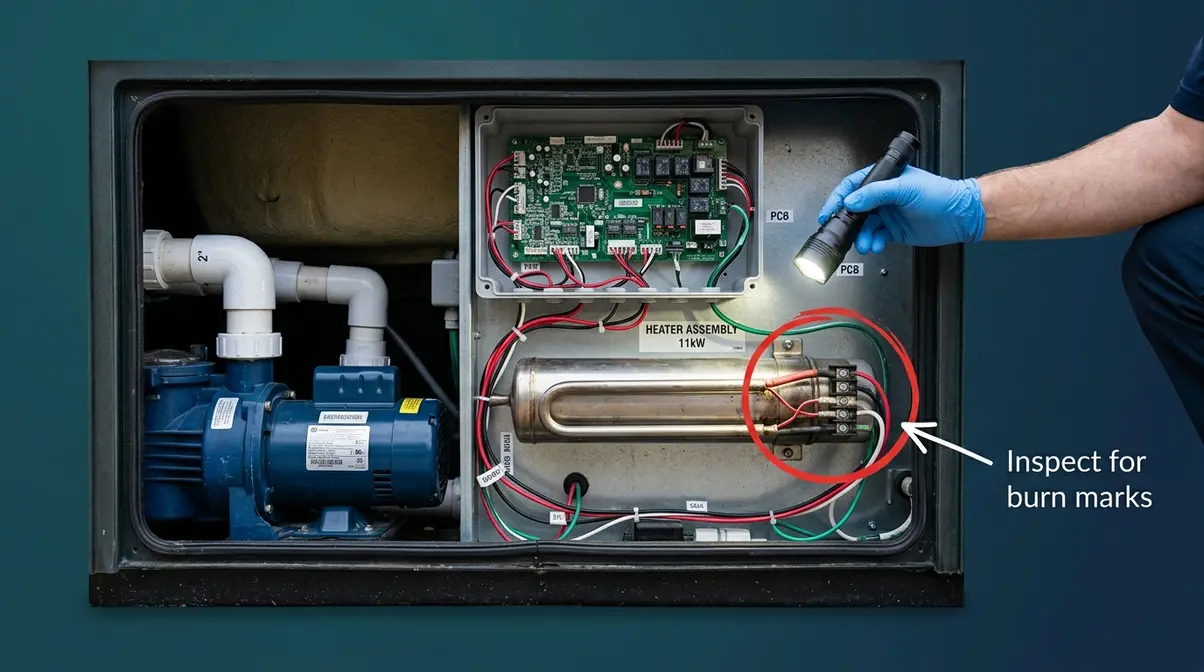Open hot tub equipment compartment showing heater assembly and pump with inspection flashlight highlighting burn mark area