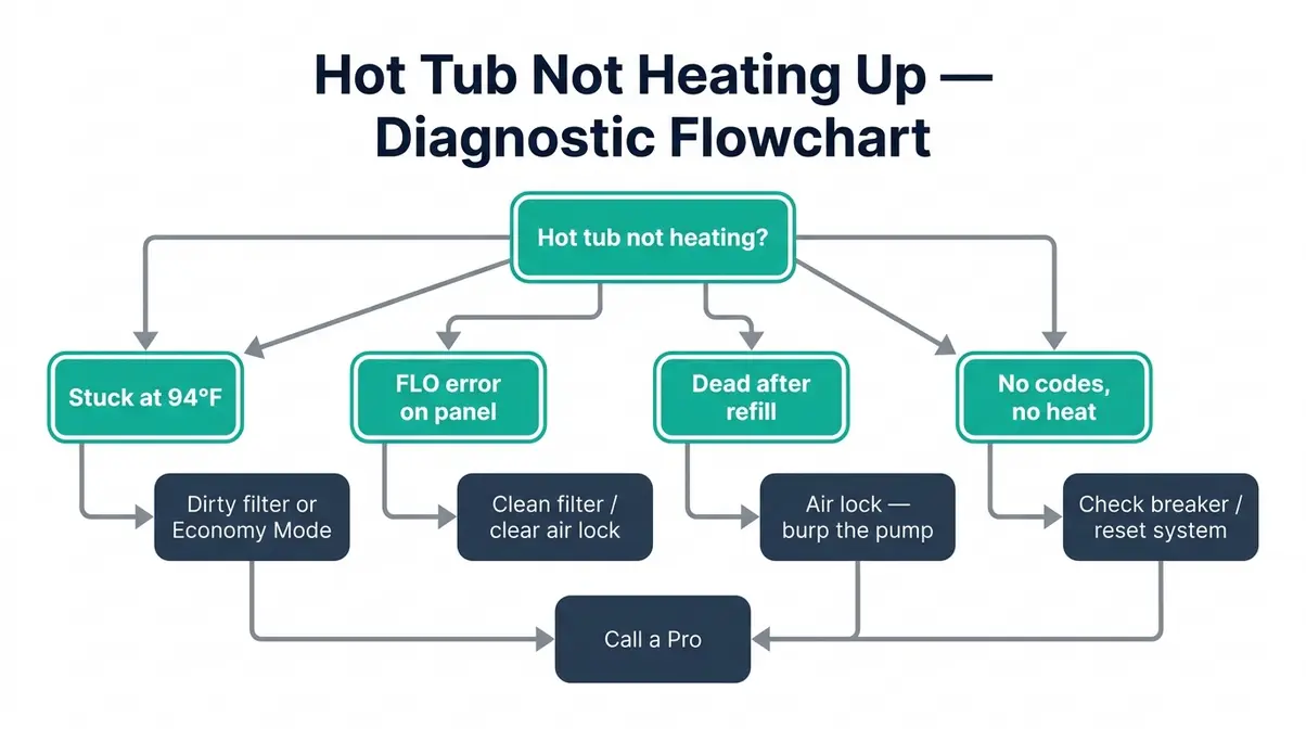 Hot tub not heating up diagnostic flowchart with symptom-to-fix decision tree for four common heating failure scenarios