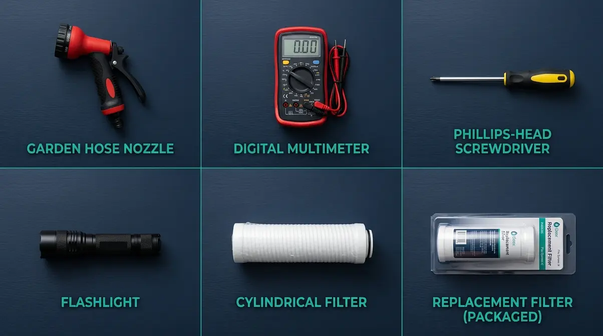 Hot tub troubleshooting tools laid out including multimeter, garden hose, screwdriver, flashlight, and filter cartridge