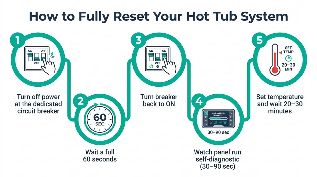 Step-by-step numbered infographic showing how to reset a hot tub heater by cycling the circuit breaker panel