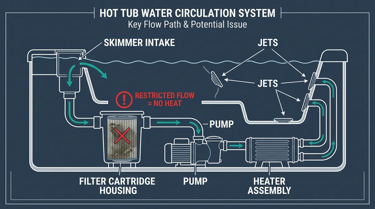 Hot tub water circulation diagram showing flow path from skimmer through filter pump and heater with clogged filter warning