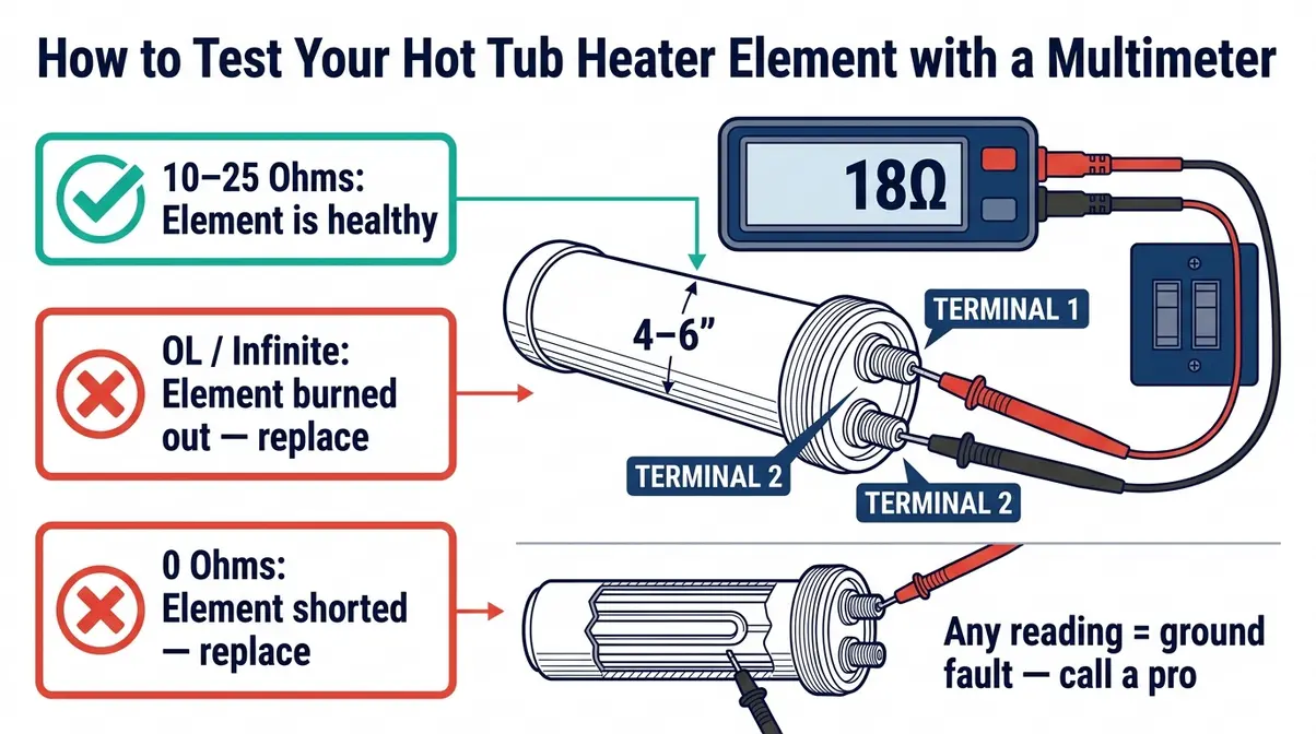 Technical diagram showing how to use a multimeter to test hot tub heater element resistance with result interpretation callouts