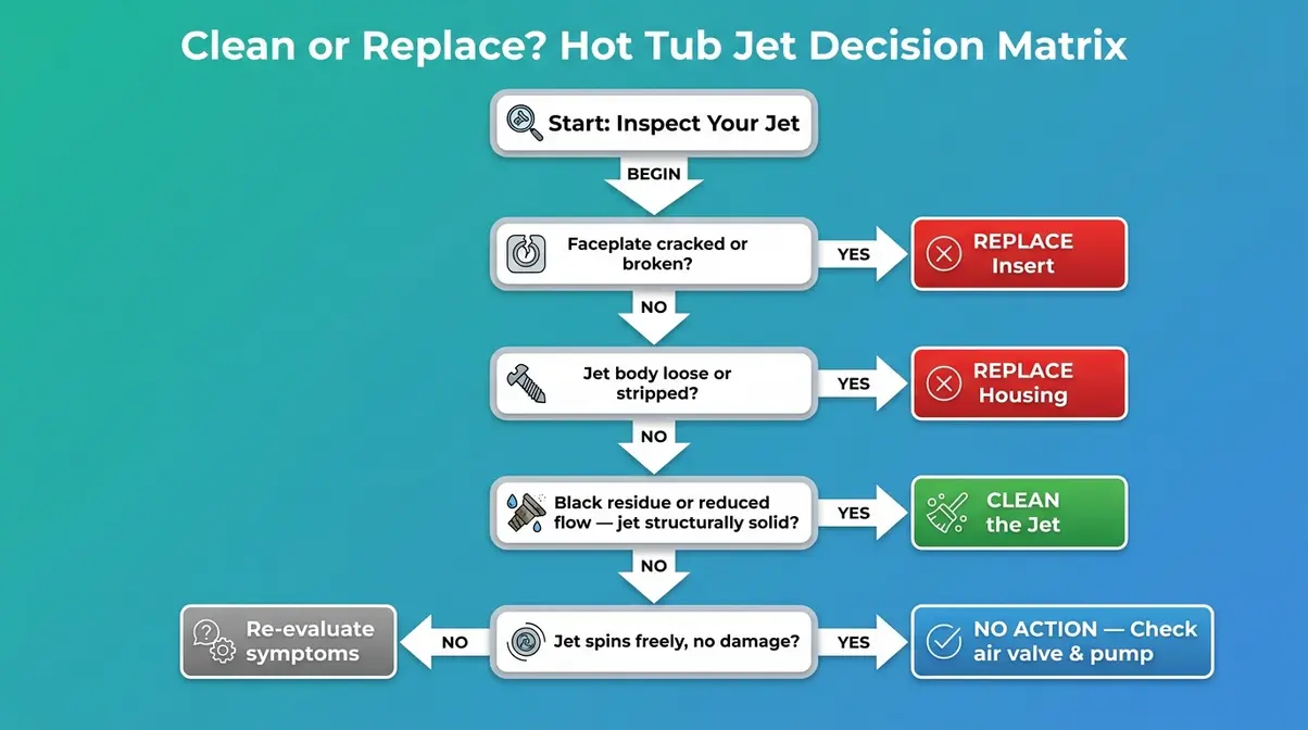 Hot Tub Nozzles Replacement & Cleaning: 2026 Guide 4 Hot tub nozzles replacement and cleaning decision tree infographic with yes no flowchart branches