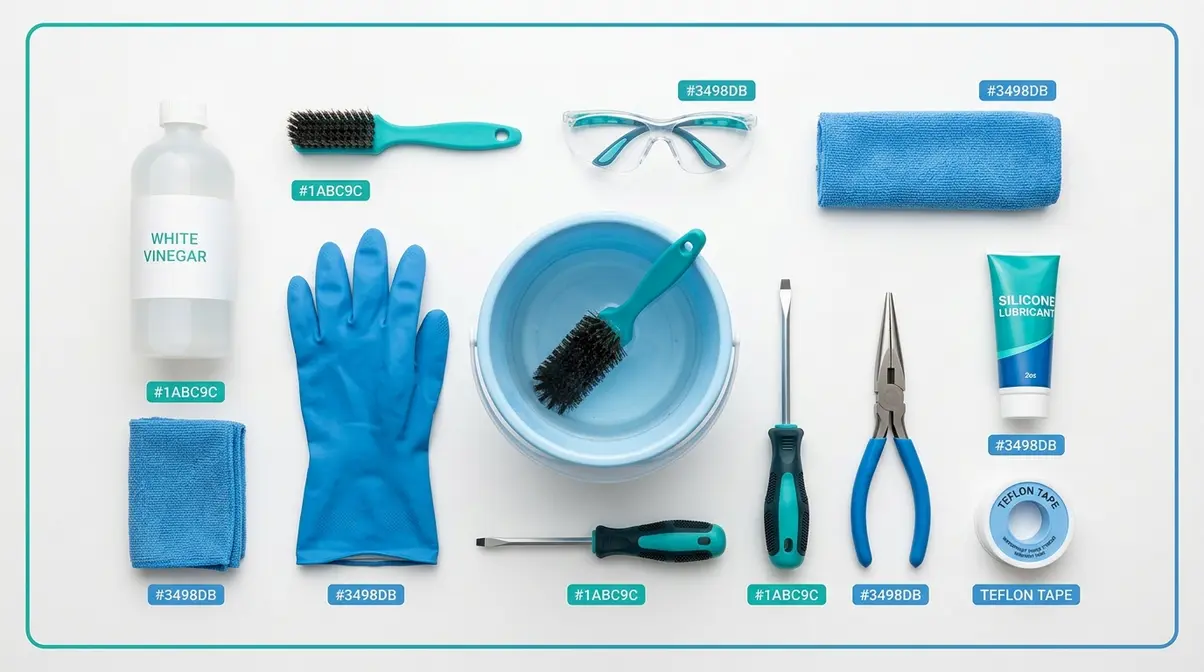 Hot Tub Nozzles Replacement & Cleaning: 2026 Guide 1 Hot tub jet cleaning toolkit including vinegar brush gloves pliers and silicone lubricant laid out flat