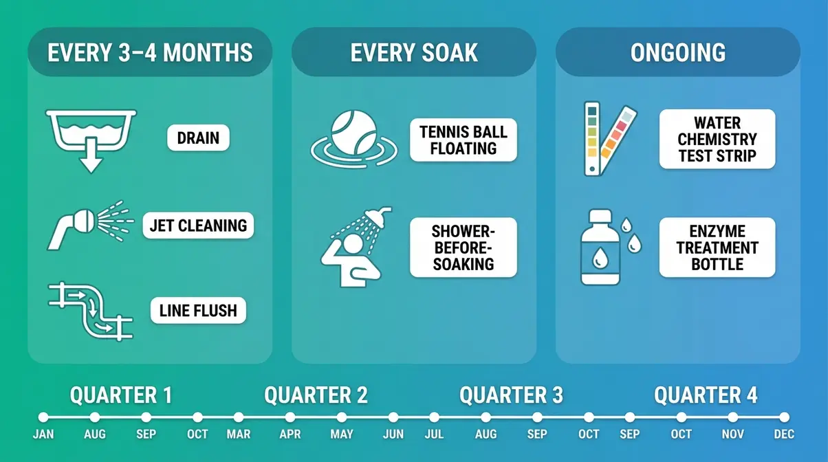 Hot Tub Nozzles Replacement & Cleaning: 2026 Guide 6 Hot tub jet preventative maintenance schedule showing quarterly drain line flush and per-soak habits