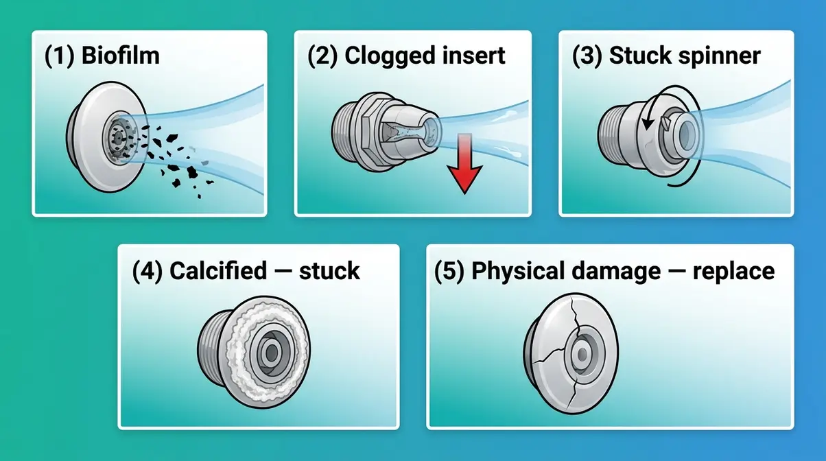 Hot Tub Nozzles Replacement & Cleaning: 2026 Guide 3 Hot tub jet problem diagnosis guide showing five common symptoms biofilm clog stuck spinner calcium and cracks
