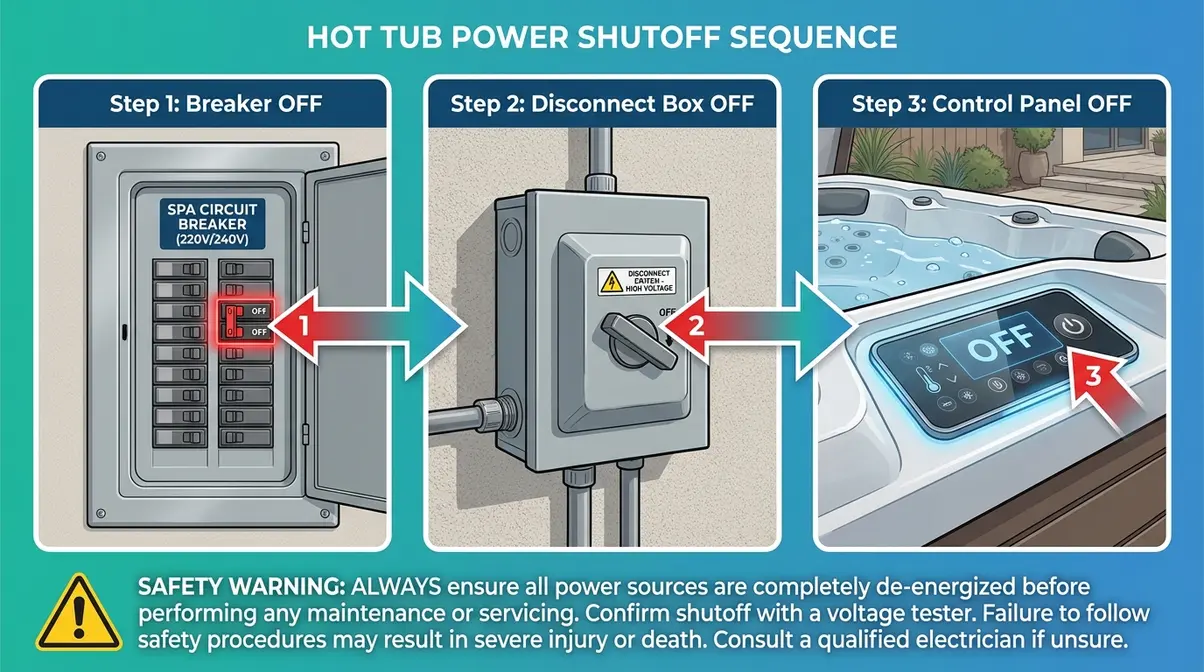 Hot Tub Nozzles Replacement & Cleaning: 2026 Guide 2 Hot tub power shutoff sequence diagram for safe jet cleaning showing breaker disconnect and control panel steps