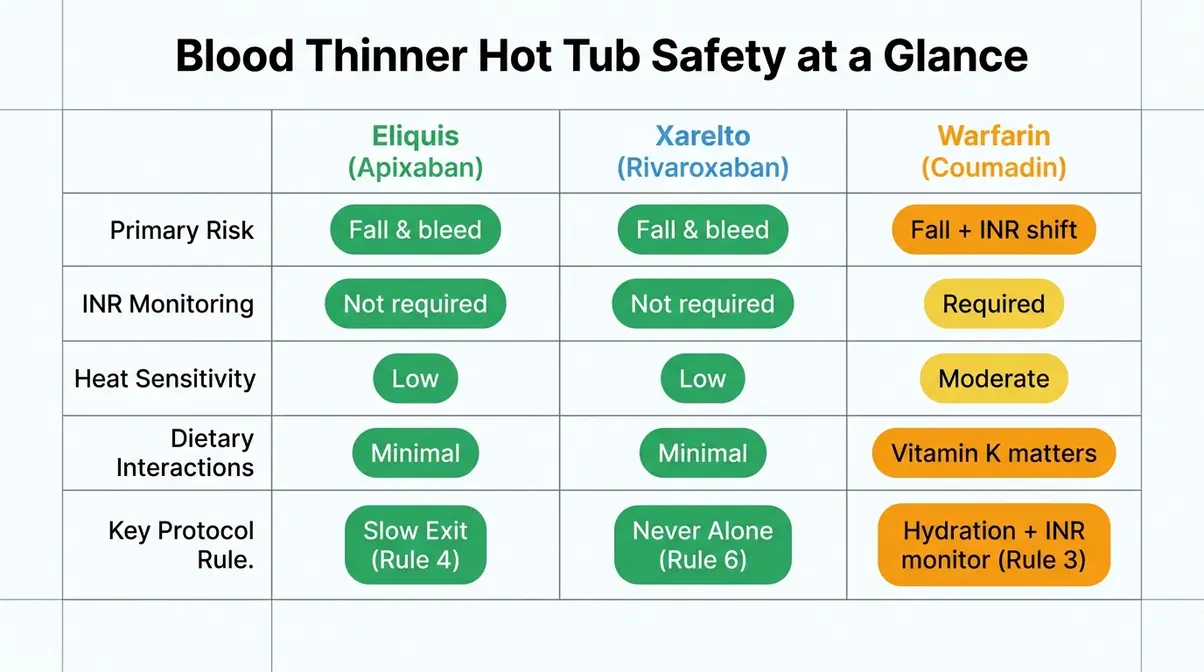 Hot Tub on Blood Thinners: Is It Safe? 6-Step Guide 5 Comparison infographic showing hot tub safety differences between Eliquis Xarelto and Warfarin anticoagulant medications