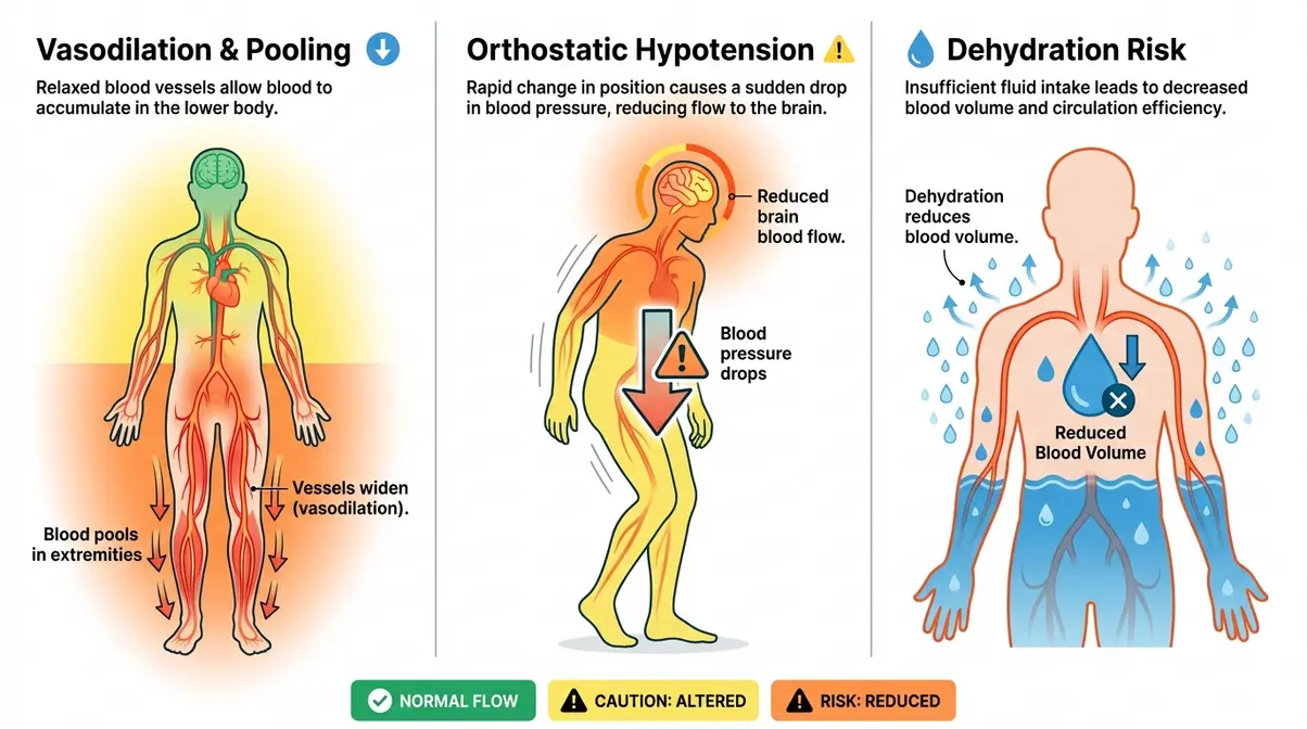 Hot Tub on Blood Thinners: Is It Safe? 6-Step Guide 1 Three-panel diagram showing vasodilation blood pooling and blood pressure drop risk during hot tub use on blood thinners